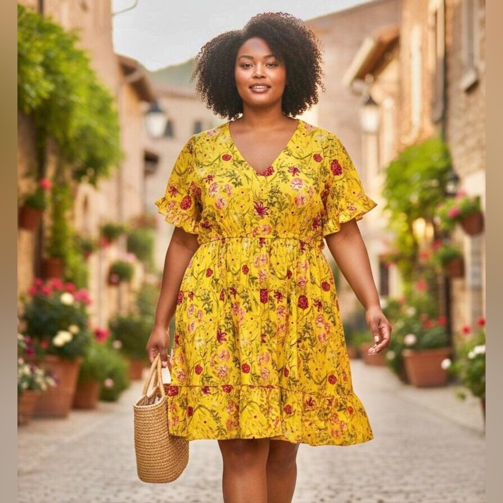 Terra & Sky Yellow Botanical Ruffled Print Dress